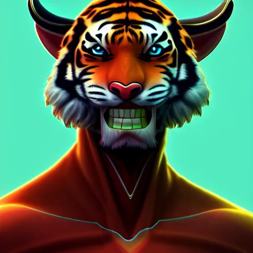 Image similar to exophilia, handsome, tiger alien race, arcana, godlike, harmony artstation