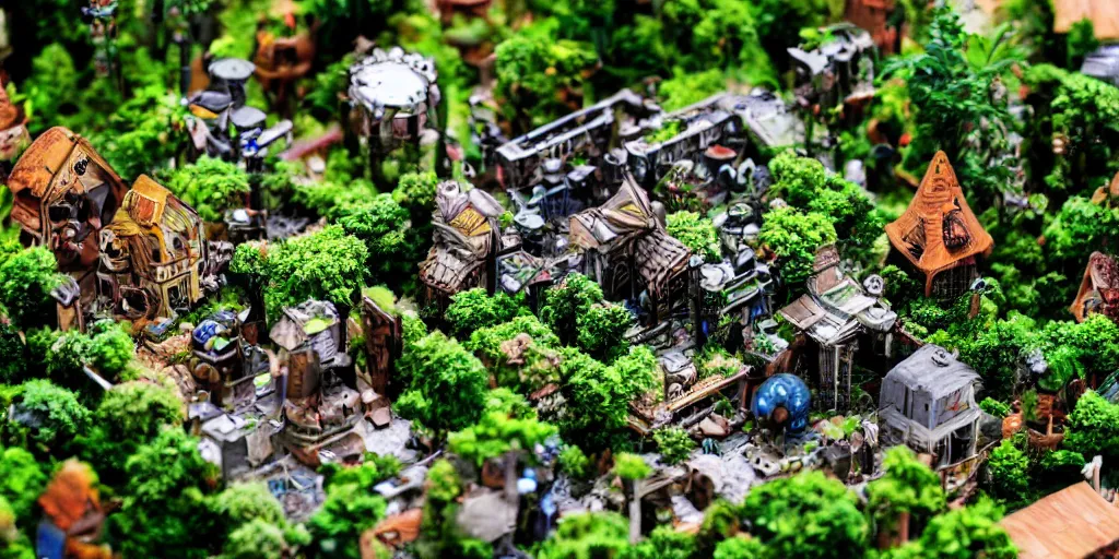 Image similar to PC motherboard village, fantasy, trees, green plants, broken parts, houses on motherboard, mold, tiny villagers, PC hardware, high quality, highly detailed