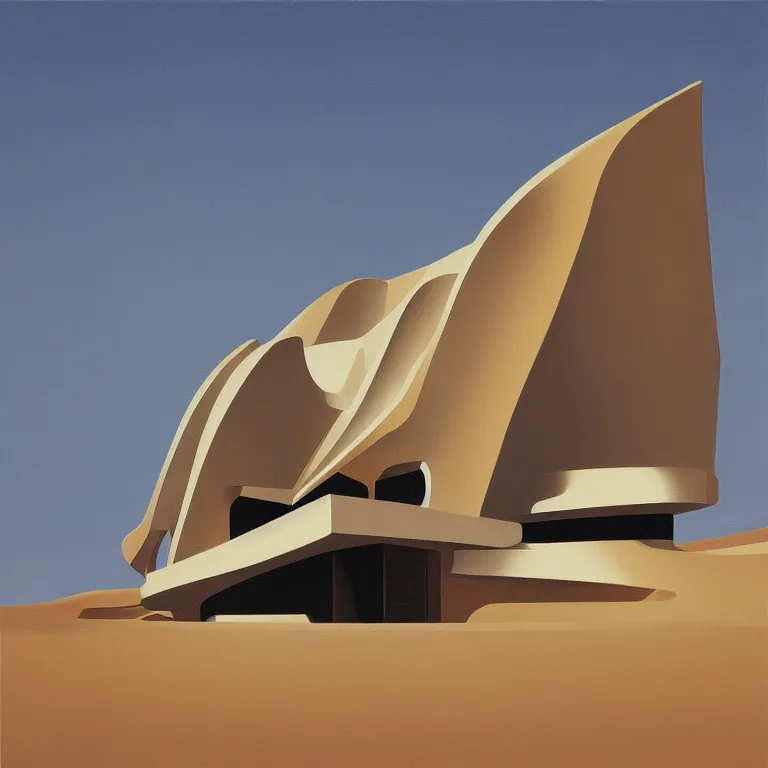 Prompt: Zaha Hadid architecture building in a desert, painted by Edward Hopper, painted by James Gilleard, airbrush