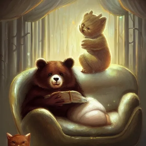 Image similar to bear and cat sitting in couch, cute and adorable, pretty, beautiful, fantasy painting, DeviantArt Artstation, by Jason Felix by Steve Argyle by Tyler Jacobson by Peter Mohrbacher, cosy atmoshpere