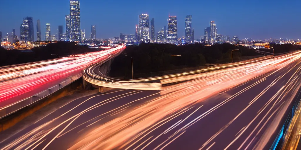 Image similar to high speed car chase on the highway at night with bright city in background, medium format color photography, 8 k resolution, hyperrealistic, photorealistic, high definition, highly detailed, tehnicolor, arricam studio 3 5 mm film camera, award - winning photography, masterpiece