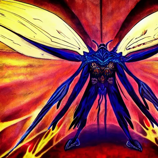 Image similar to 4K headshot of mothman with defined arms and open hands and bloody clothes with giant mandala wings , intricate face , flawless anime cel animation by Kentaro Miura, psychedelic , highly detailed upper body , professionally post-processed , beautiful, scary, symmetry accurate features, epic, octane rendered, anime masterpiece, accurate