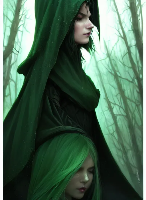 Image similar to side portrait dark witch with hood, adventurer outfit large cloak, fantasy forest landscape, moonshine, fantasy magic, undercut hairstyle, short green black fade hair, dark light night, intricate, elegant, sharp focus, illustration, highly detailed, digital painting, concept art, matte, art by WLOP and Artgerm and Greg Rutkowski and Alphonse Mucha, masterpiece