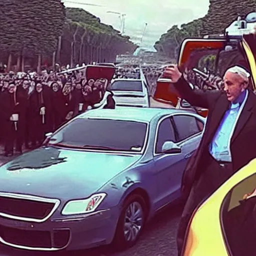 Prompt: the pope driving in the style of grand theft auto loading screens illustrations