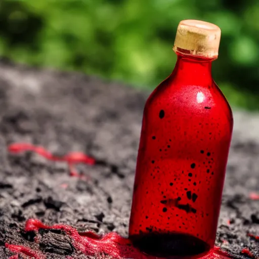 Prompt: a bottle filled with opaque, red slime and eyes