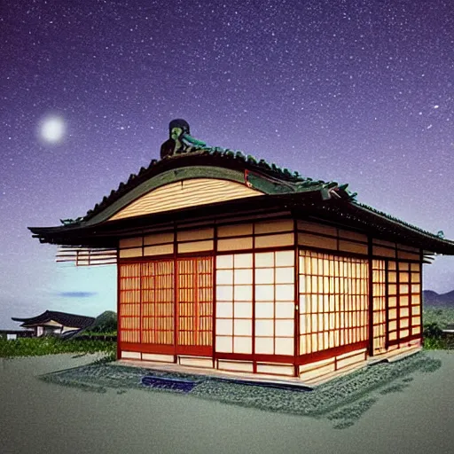 Image similar to An old traditional Japanese house by masashi kishimoto, a bright night sky