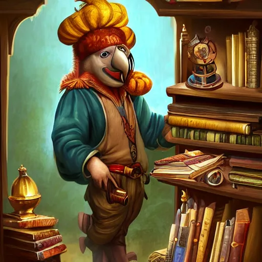 Image similar to Anthropomorphized parrot trader in his shop, shelves full, books, selling a gem, portrait, items, magic potions, carpet, window, fancy funny hat, sly expression , cunning expression, cute expression, presenting magic gem, D&D, fantasy, cinematic lighting, highly detailed, digital painting, artstation, concept art, smooth, sharp focus, illustration, warm light, cozy warm tint, magic the gathering artwork, volumetric lighting, 8k, no gold, no gold colours, art by Akihiko Yoshida, Greg Rutkowski