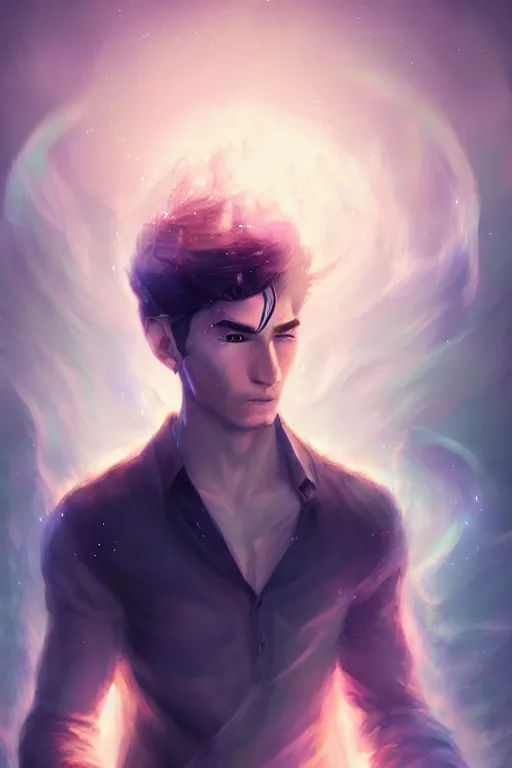 Prompt: a human elemental sorcerer, blurred environment background, magic effects, white skin, portrait, male, sharp focus, digital art, concept art, post processed, dynamic lighting, by emylie boivin and rossdraws