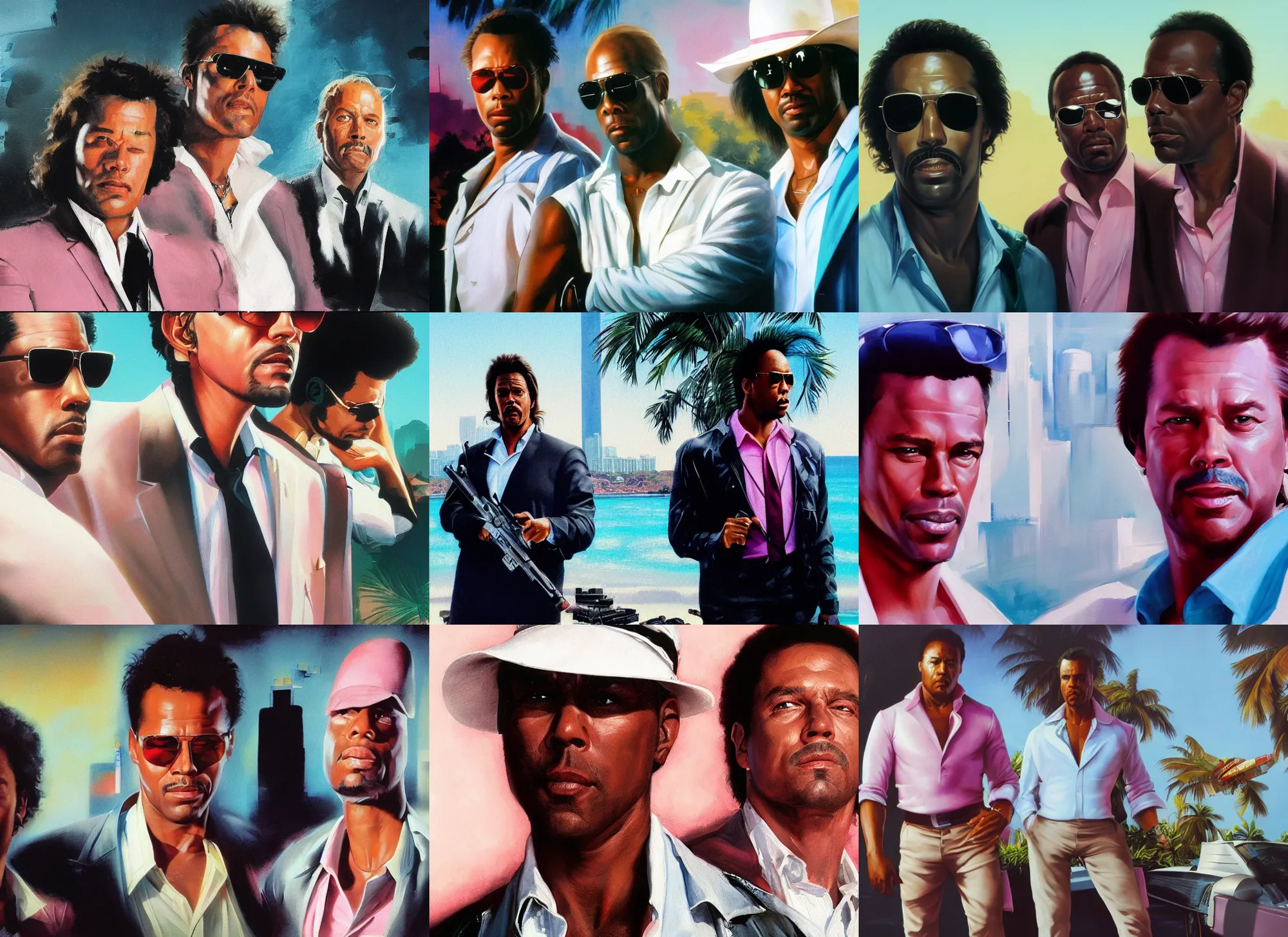 Prompt: a closeup portrait painting of crockett and tubbs in eighties miami vice, ultra realistic, highly detailed faces, true life, 8 k, masterpiece, cinematic, by frank frazetta, greg rutkowski, yoko taro, christian macnevin, beeple, wlop, krenz cushart, epic character art, volumetric lighting, pink white turquoise