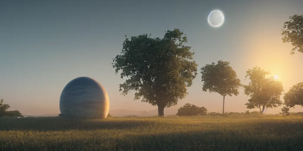 Image similar to a serene landscape with a singular building at sunrise with a giant jupiter appearing in the sky, digital art, concept art, octane render, unreal engine 5, hyperrealistic, highly detailed, high quality, 4K, low contrast, soft lighting, path tracing, complementary colors, natural lighting, geometric