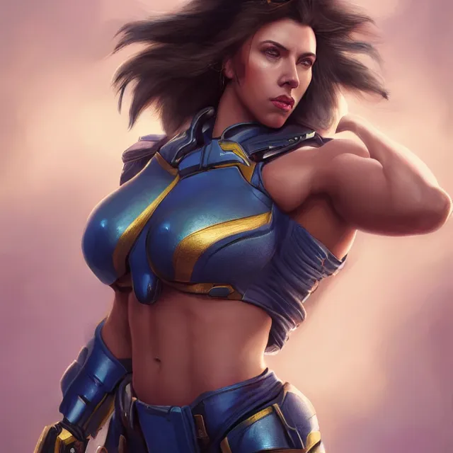 Image similar to detailed portrait of scarlett johansson as a female bodybuilder pharah from overwatch, attractive, beautiful, fantasy, intricate, elegant, highly detailed, digital painting, artstation, concept art, matte, sharp focus, illustration, art by aenaluck, artgerm and roberto ferri and greg rutkowski, epic fantasy, digital painting