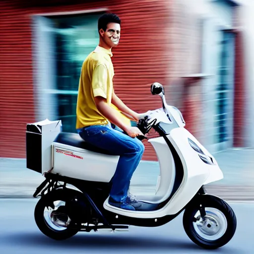 Prompt: advertisement delivery driver on moped delivering packages, extremely high quality, artistic rendering, cartoon, sharp, no blur, edited, white background