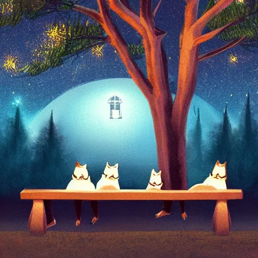 Prompt: two wolves wearing T-shirts sitting on a bench in a park at night watching fireworks, artstation, 4k