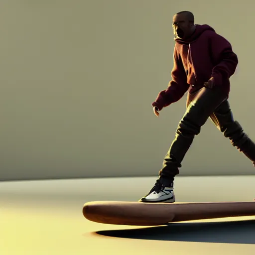 Prompt: Kanye West skateboarding, blender, octane render, 8k, trending on artstation,