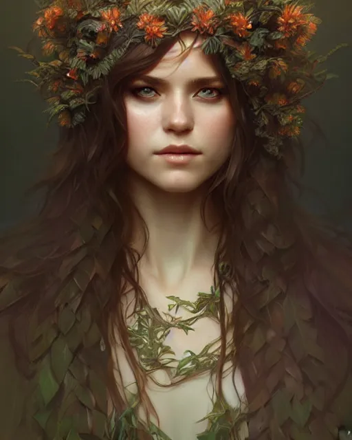 Image similar to beautiful female druid, portrait, fantasy, young, perfect eyes, detailed, intricate, leaves and simple cloth, global lighting, digital art, digital painting, artstation, wlop, sharp focus, illustration, art by artgerm and greg rutkowski and alphonse mucha, 8 k