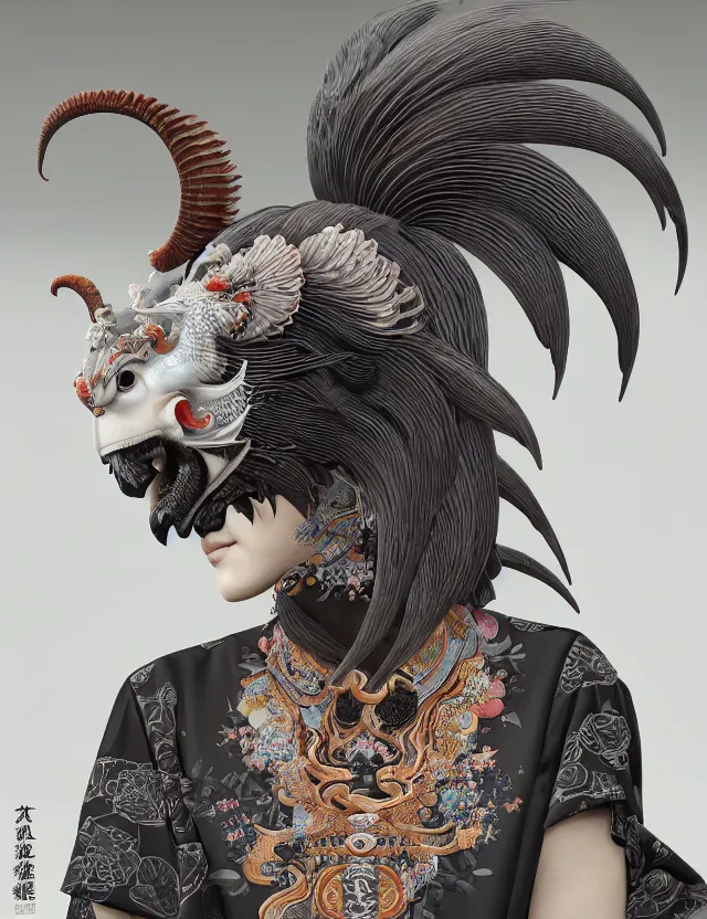 Image similar to 3 d scene of interior modelling goddess close - up profile portrait with ram skull. beautiful intricately detailed japanese crow kitsune mask and clasical japanese kimono. betta fish, jellyfish phoenix, bio luminescent, plasma, ice, water, wind, creature, artwork by tooth wu and wlop and beeple and greg rutkowski