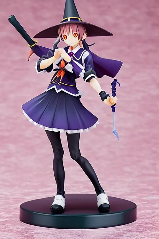 Prompt: still figurine of anime witch girl wearing magic school uniform, dynamic pose, detailed product photo, featured on amiami, beautiful composition, by akihiko yoshida