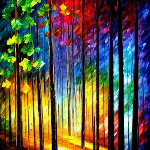 Prompt: A forest in the dark glowing in many different colors. In the style of Afremov.