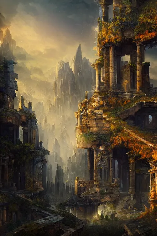 Prompt: beautiful matte painting avant - garde style, fantasy ruins skyline background painted, intricate, volumetric lighting, beautiful, rich deep colors masterpiece, sharp focus, ultra detailed by