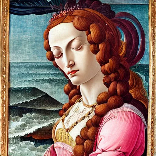 Image similar to an ultradetailed mythological oil painting of a beautiful woman with long brown hair, full body, wearing pink floral chiton, sleeping on a giant scallop shell, near the seashore, intricate lines, elegant, renaissance style, by sandro botticelli