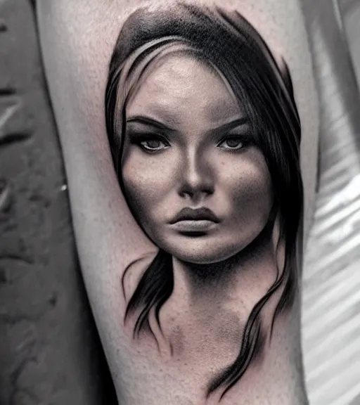 Image similar to blend of a hyper realistic mountain scenery with a beautiful woman face, tattoo design sketch, in the style of matteo pasqualin, hyper - realistic, amazing detail, black and white