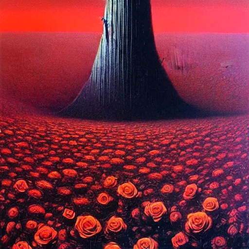 Image similar to the dark tower in a field of roses, surrealism, cosmic western, masterpiece oil painting, beksinski, barlowe