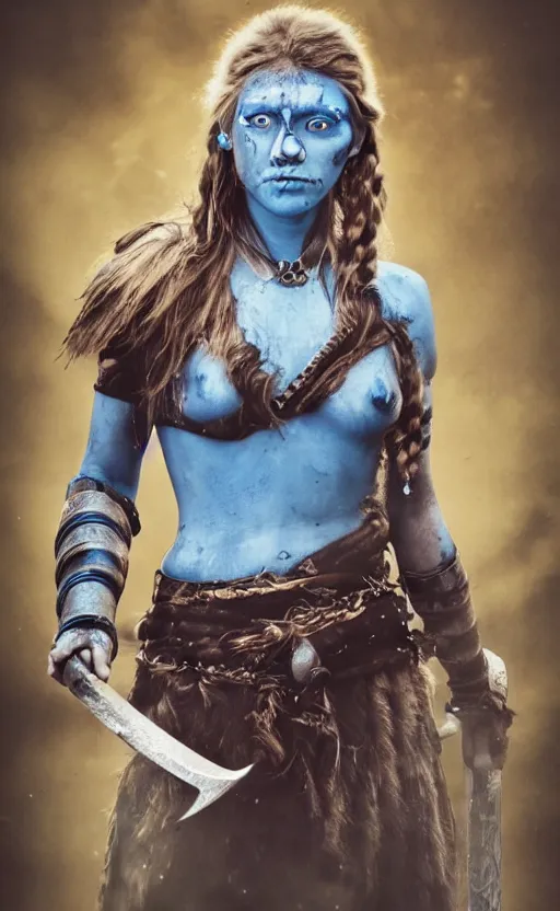 Prompt: photorealistic portrait of female viking warrior with large sad blue eyes, dirty skin, shoulders