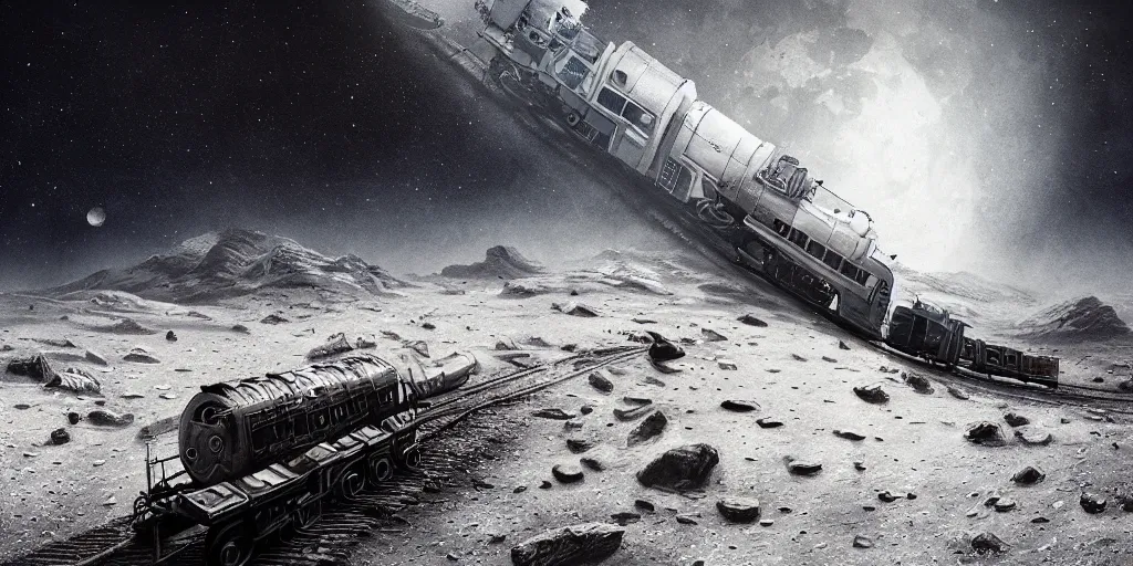 Image similar to ! dream ultra realistic illustration, an outdoor on the moon with an old broken train, lunar landscape, elegant, highly detailed, artstation, concept art, smooth, sharp focus, moody, dramatic lighting