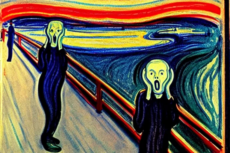 Prompt: Edvard Munch's 'kanye west in the style of the scream', painting, expressionism, music notes, music notes