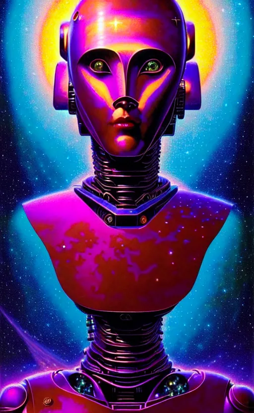 Prompt: sacred young female battle robot, award winning, portrait bust, symmetry, faded lsd colors, galaxy background, tim hildebrandt, wayne barlowe, bruce pennington, donato giancola, larry elmore, masterpiece, trending on artstation, cinematic composition, beautiful lighting, hyper detailed!!!, 8 k, oil on canvas