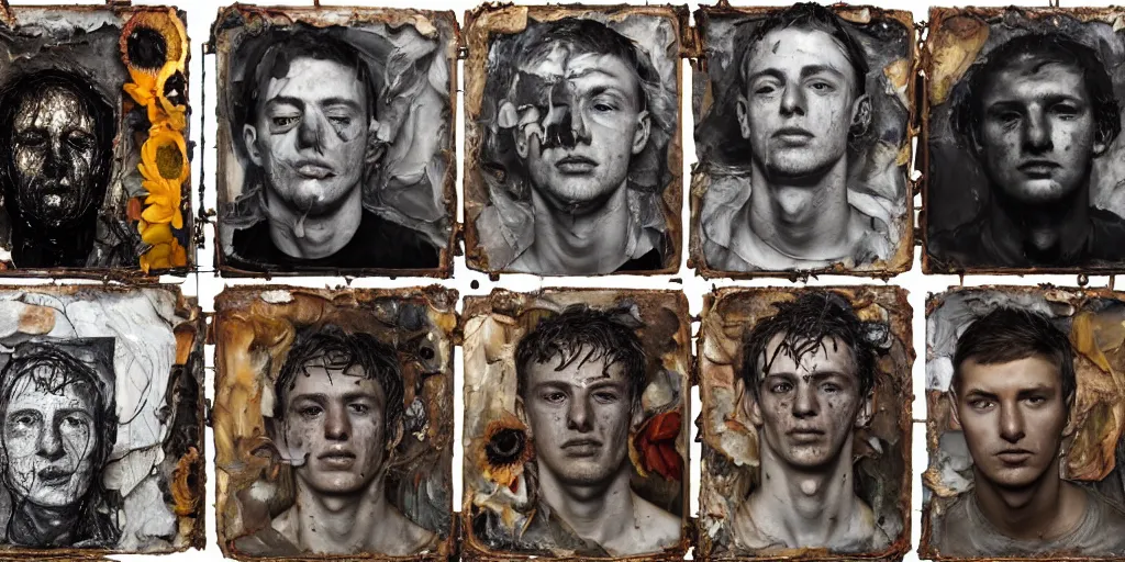 Prompt: a grid of close up portraits of a very ordinary young man with a blank expression, Anselm Kiefer and Lucian Freud and Jenny Saville, tintype, oil painting, rust, Scaffolding, rusted metal and sunflowers, iron cladding, decay, mixed media, textured, anatomically correct, beautiful perfect face, visible brushstrokes, sharp focus, twisted electrical wire, Highly Detailed, nails, photographic emulsion cracked and peeling, Cinematic Lighting, 8k, HD