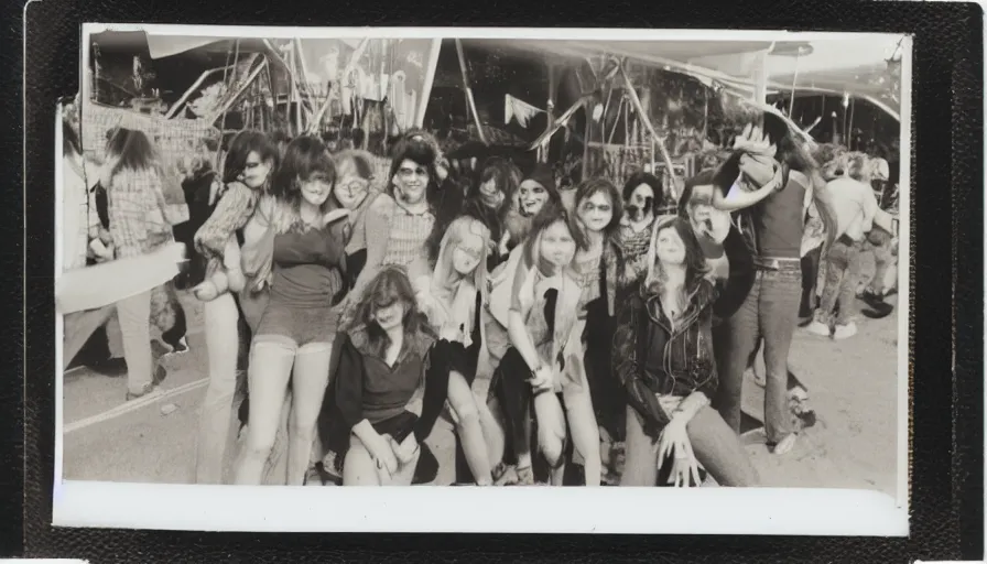 Image similar to fire damaged polaroid photograph of 70s teenagers at a carnival.