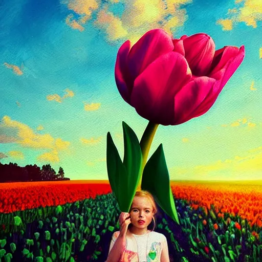 Image similar to girl with a single giant tulip as a head, surreal photography, flower field, sunset dramatic light, impressionist painting, colorful clouds, blue sky, digital painting, artstation, simon stalenhag