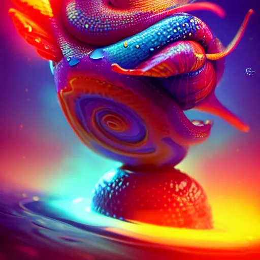 Image similar to beautiful colorful snail fish frog sea-star ant, magic of fire and magic of ice. occult cyberpunk, ancient futuristic, dark art, occult. by Petros Afshar, by artgerm, by Eddie Mendoza, by Peter mohrbacher, octane render, 3d, unreal engine, depth of field, bokeh, motion blur, blur