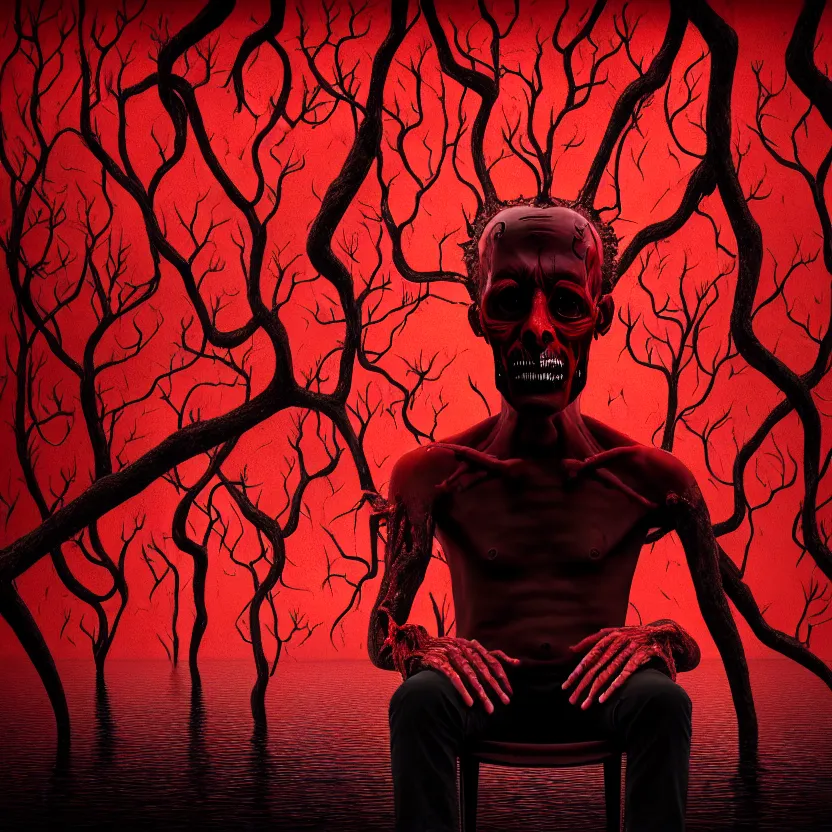 Prompt: a portrait of a man with five heads, twelve arms, sitting on chair made of human limbs, the chair is floating in a lake of blood, around the lake are melting trees, digital art, hyperrealistic nightmare scene, supernatural, highly detailed, creepy, terrifying