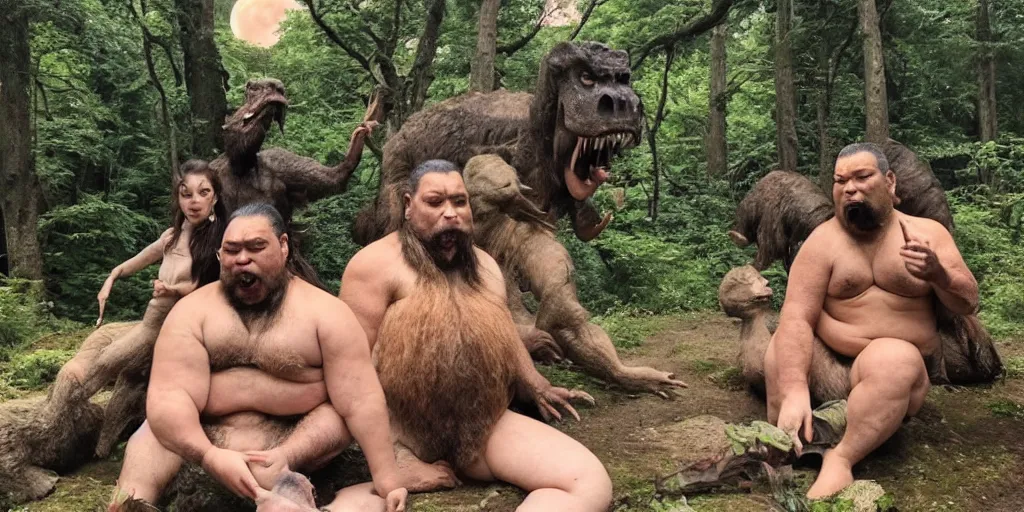Image similar to photo, three hairy neanderthal people, sumo japanese, eating outside, surrounded by dinosaurs!, gigantic forest trees, sitting on rocks, bright moon, birthday cake on the ground, front view, emma! watson! is among them in bikini