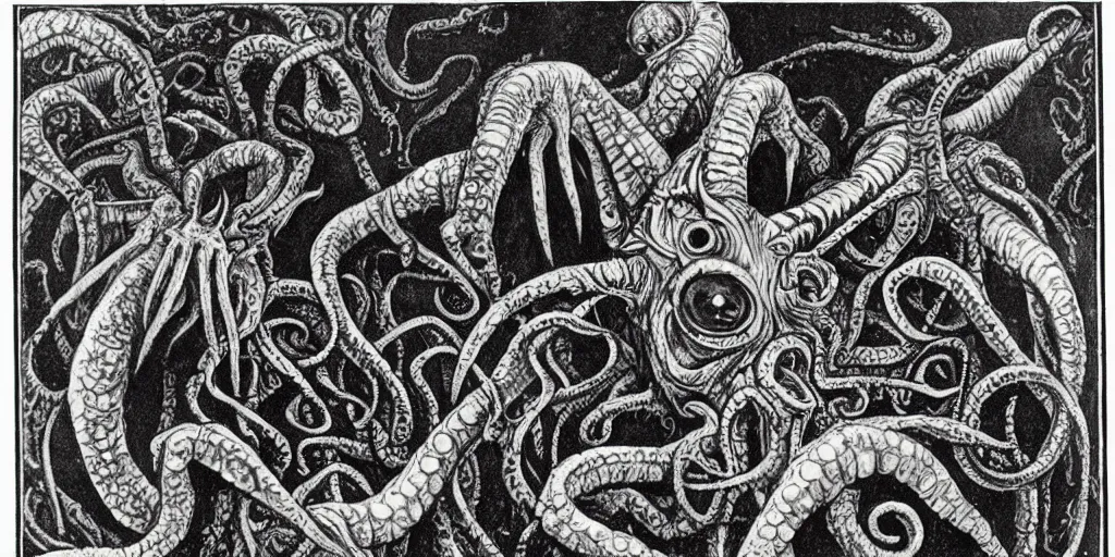 Prompt: 1920s cthulhu illustration, Scherenschnitt, wonderfully detailed, spooky