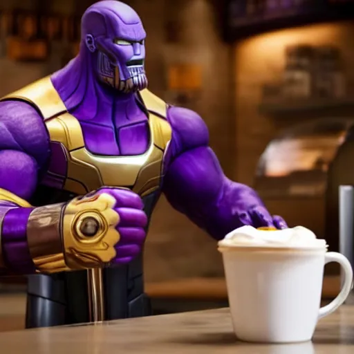 Image similar to thanos working at starbucks serving a latte to iron man, ultra realistic, 8 k, cinematic