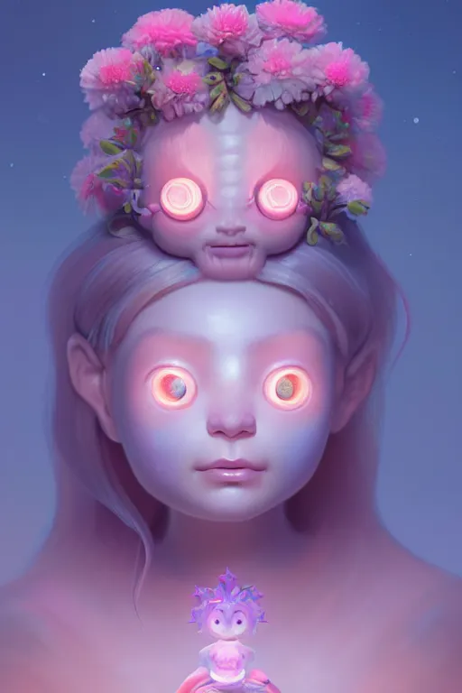 Image similar to super cute Bioluminescent Flower deity character concept, single head, no double head, soft light, soft mood, realistic body features and face, illustration, painting oil on canvas by Elena Zhurikhina and Goro Fujita and Charlie Bowater, octane render trending on artstation, 4k, 8k, HD