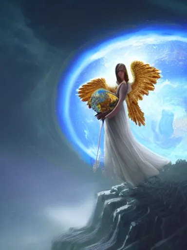 Image similar to an angel holding the planet earth. intricate, elegant, highly detailed, digital painting, artstation, concept art, sharp focus, illustration, by justin gerard and artgerm, 8 k
