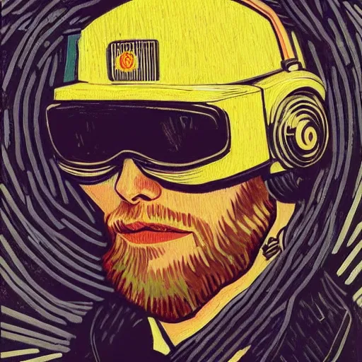 Image similar to Illustrated by Shepard Fairey and H.R. Geiger | Cyberpunk VAn Gogh with VR helmet, surrounded by cables