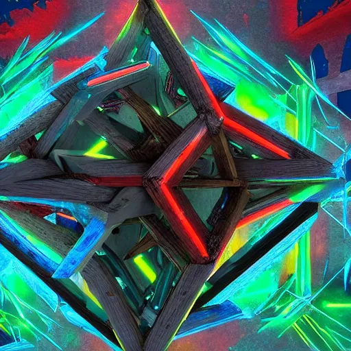 Image similar to ancient construct cursed by the epidote, painted by diego gisbert llorens and charles binger and frank wu and glenn chadbourne, trending on artstation, iridescent cool blue and cyan and red and blue and yellow and green lighting product view sacred geometry, unreal engine, positivism, vaporwave, performance art