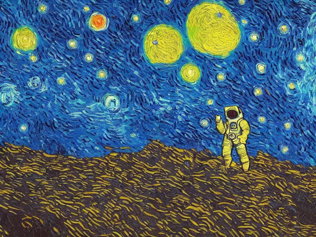 Image similar to bright beautiful oil painting of astronaut lands on a planet made of silly ghosts, light scatter, van gogh
