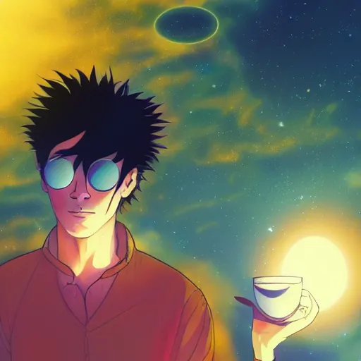 Image similar to A man drinking a cup of cosmic energy bright light by Masafumi Harada, 4k, digital art, surreal, anime style, space dandy style, highly detailed, godsend, artstation