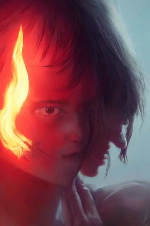 Image similar to a fancy portrait of a young Demon girl with her left eye in a coloured flame's by Greg Rutkowski, Sung Choi, Mitchell Mohrhauser, Maciej Kuciara, Johnson Ting, Maxim Verehin, Peter Konig, final fantasy , 8k photorealistic, cinematic lighting, HD, high details, atmospheric , trending on artstation