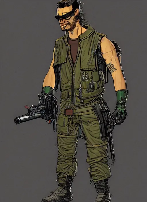 Image similar to menacing cyberpunk mercenary in military vest and jumpsuit. dystopian. portrait by stonehouse and mœbius and will eisner and gil elvgren and pixar. realistic proportions. cyberpunk 2 0 7 7, apex, blade runner 2 0 4 9 concept art. cel shading. attractive face. thick lines.