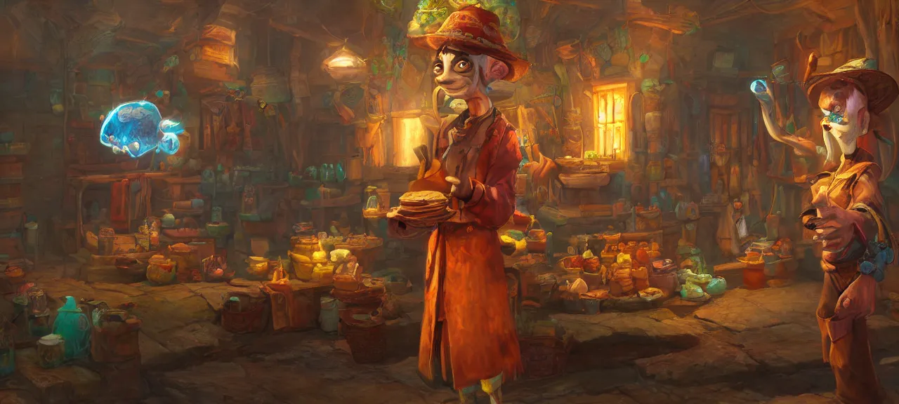 Prompt: a beautiful painting of a psychonauts merchant by james gurney | unreal engine :. 3