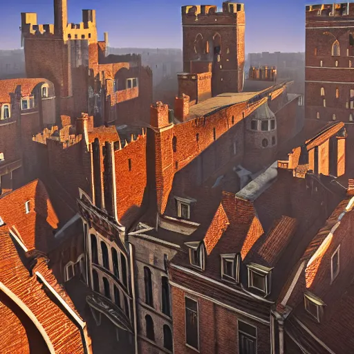 Image similar to Aerial long shot of epic medieval city of epic stone-brick buildings with european arched doorways, crenellated balconies, wood ornaments, flagpoles, tiny ornate windows, planned by Syd Mead, Arnold Render, Quixel Megascans