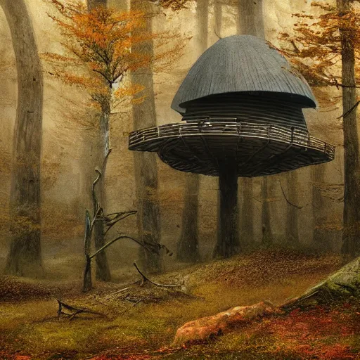 Prompt: an old broken hut in an autumn forest, huge tall mushrooms around it, green and brown tones, by Aron Wiesenfeld and beksincki, cinematic, detailed illustration, nature, fog, dark colors, suspense, intricate, 8k