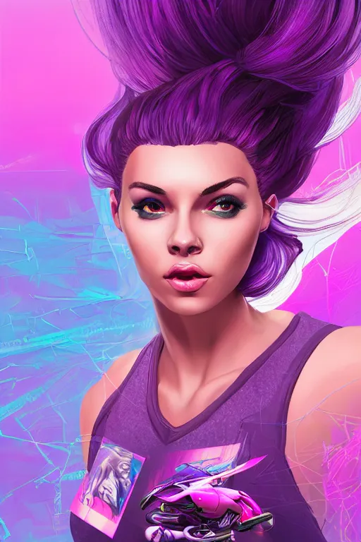 Image similar to a award winning half body porttrait of a beautiful woman in a croptop with ombre purple pink teal hairstyle with head in motion and hair flying by marvel comics and sandra chevelier, outrun, vaporware, illustration, digital art, trending on artstation, highly detailed, fine detail, intricate